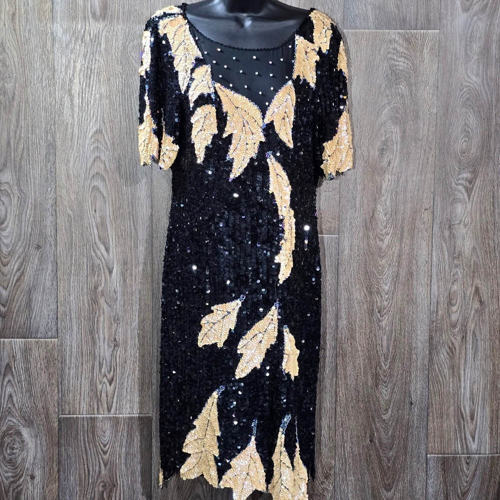 LILLIE RUBIN Vintage Sequin Dress Black Gold‎ Leaf Sheath Cocktail 80s Glam
